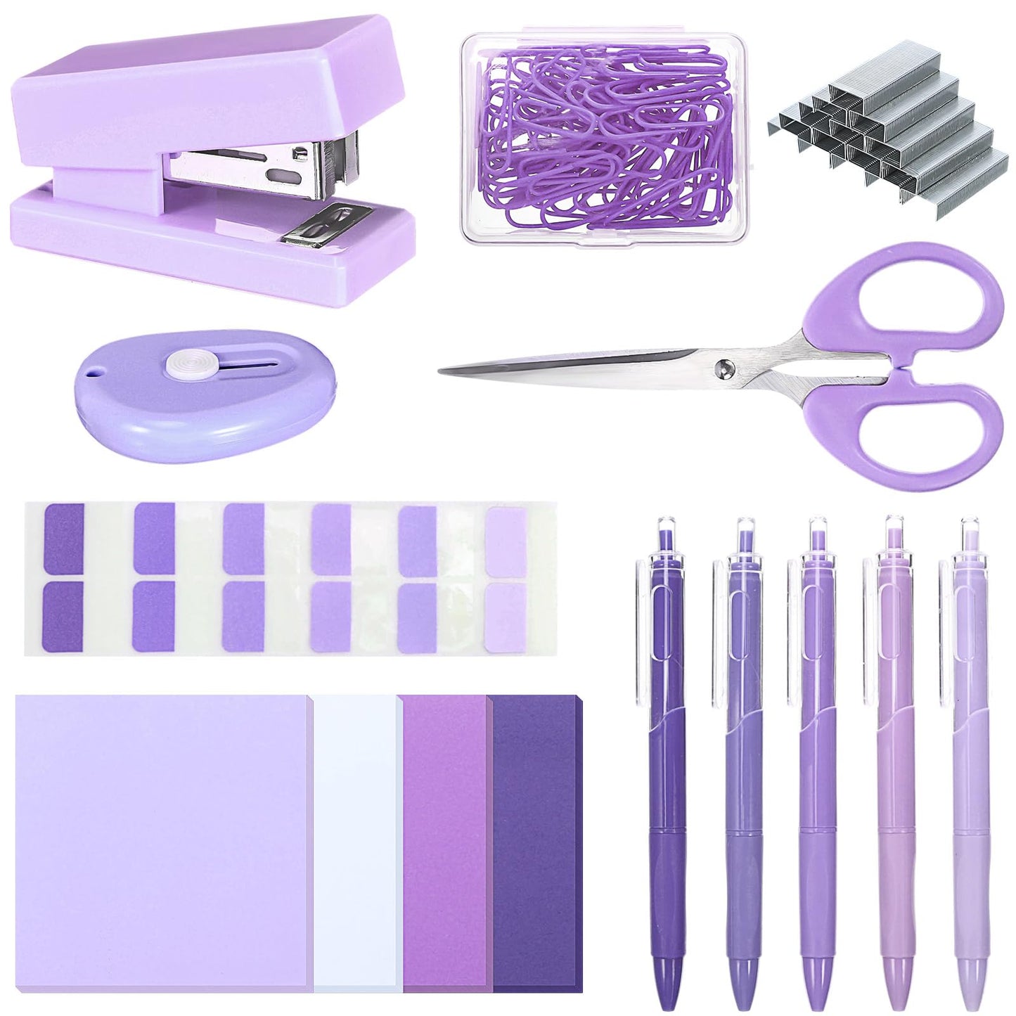 Humyoun Mini Purple Office Supplies Kit Purple School Supplies Christmas Gift Desk Accessories with Gel Pens Sticky Notes Stapler Scissor Paper Clips Index Tabs Box Cutter for Christmas Gifts Office