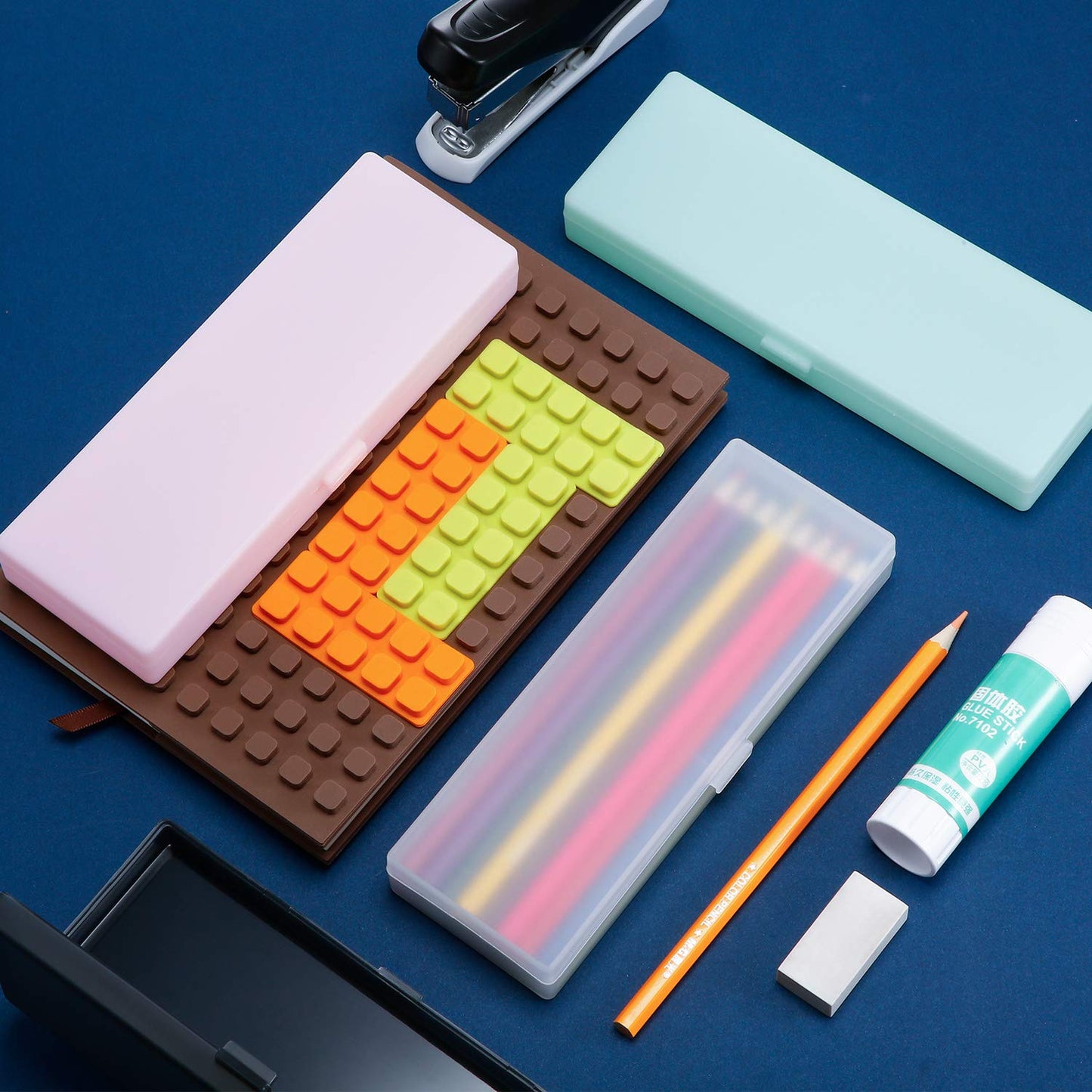 Chinco 4 Pieces Plastic Pencil Case Plastic Stationery Case with Hinged Lid and Snap Closure for Pencils, Pens, Drill Bits, Office Supplies (Black, Pink, White, Green)