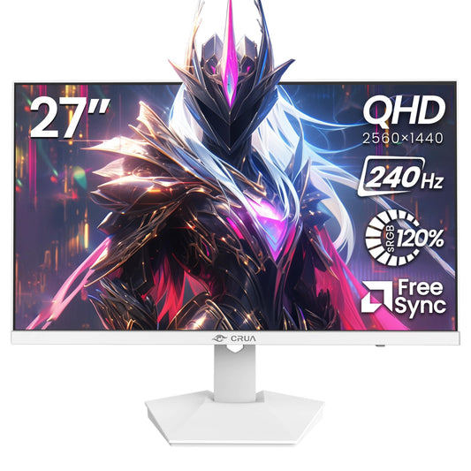 CRUA 27" 240Hz Gaming Monitor, QHD 2560x1440 IPS Display, AMD FreeSync, 120% sRGB, Built-in Speakers, Blue Light Filter, Wall Mountable PC Monitor, HDMI & DP, White, for Gaming, Streaming & Work