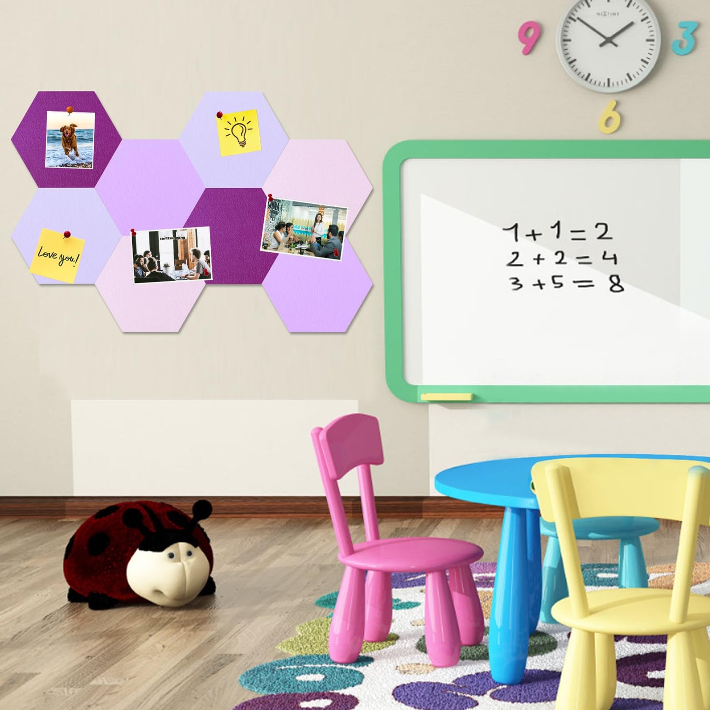HULAVO Large Hexagon Felt Cork Board Tiles, Self Adhesive DIY Felt Bulletin Board Pin Board with 35 Pushpins for Office School Home Wall Decor Stickers Memos Photos Display(Purple+Pink)