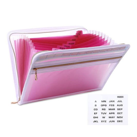 MEGREZ Expanding File Folder with 13 Pockets, A4 Paper File Folder with Zipper Color Labels, Waterproof Accordion File Folder Organizer for Home Office, Pink-Clear