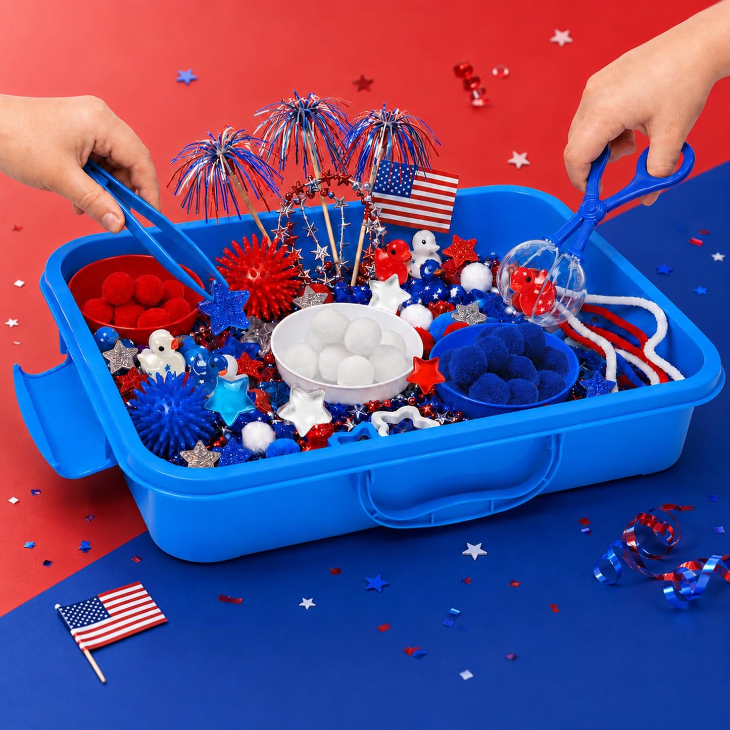 Cinrobiye 186 Pcs 4th of July Sensory Bin Fillers Set, Independence Day Sensory Bin Activity Kit with Storage Box, Sensory Bin Supplies, Fourth of July Crafts, Patriotic Party Activities