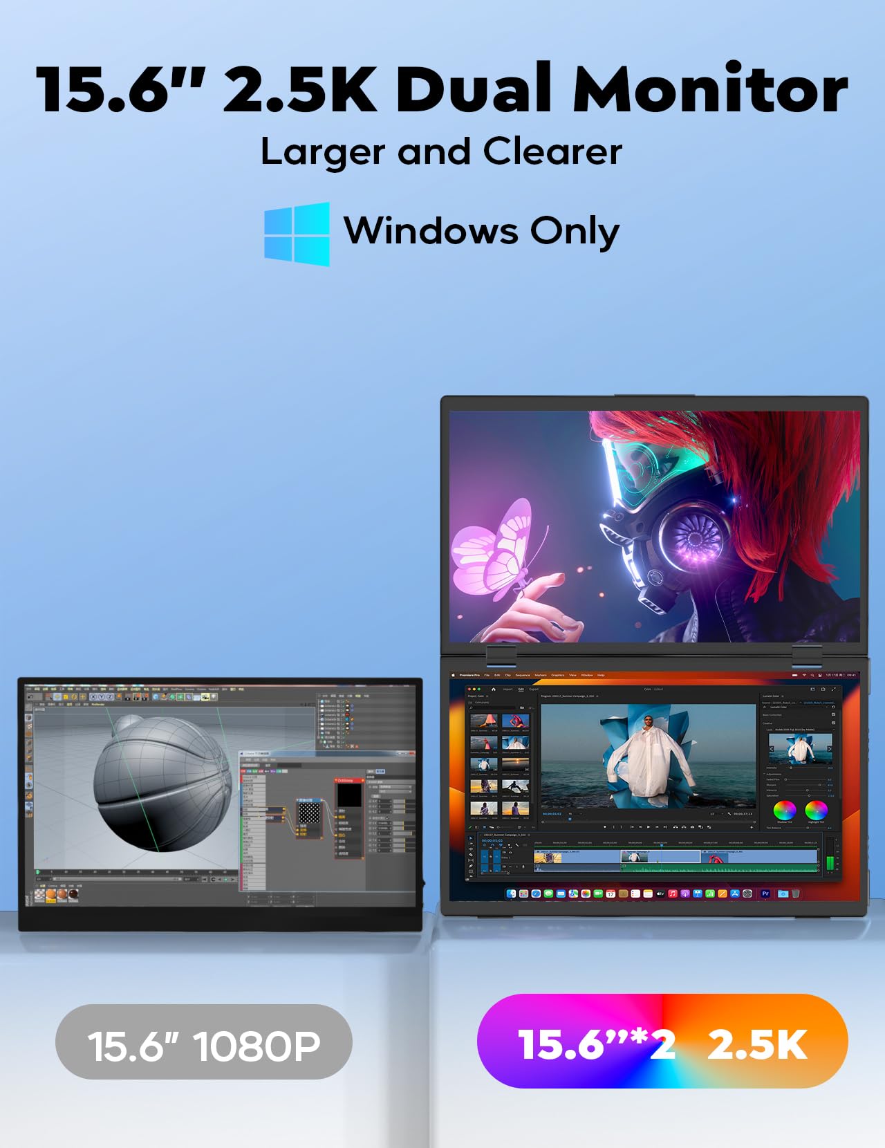 ZSCMALLS 2.5K Dual Monitor(Wins Only), Triple Laptop Screen Extender, 15.6" QHD Folding Stacked Portable Dual Monitor, USB C Travel Extended Computer Display, 180°Rotation, Plug & Play for Laptops