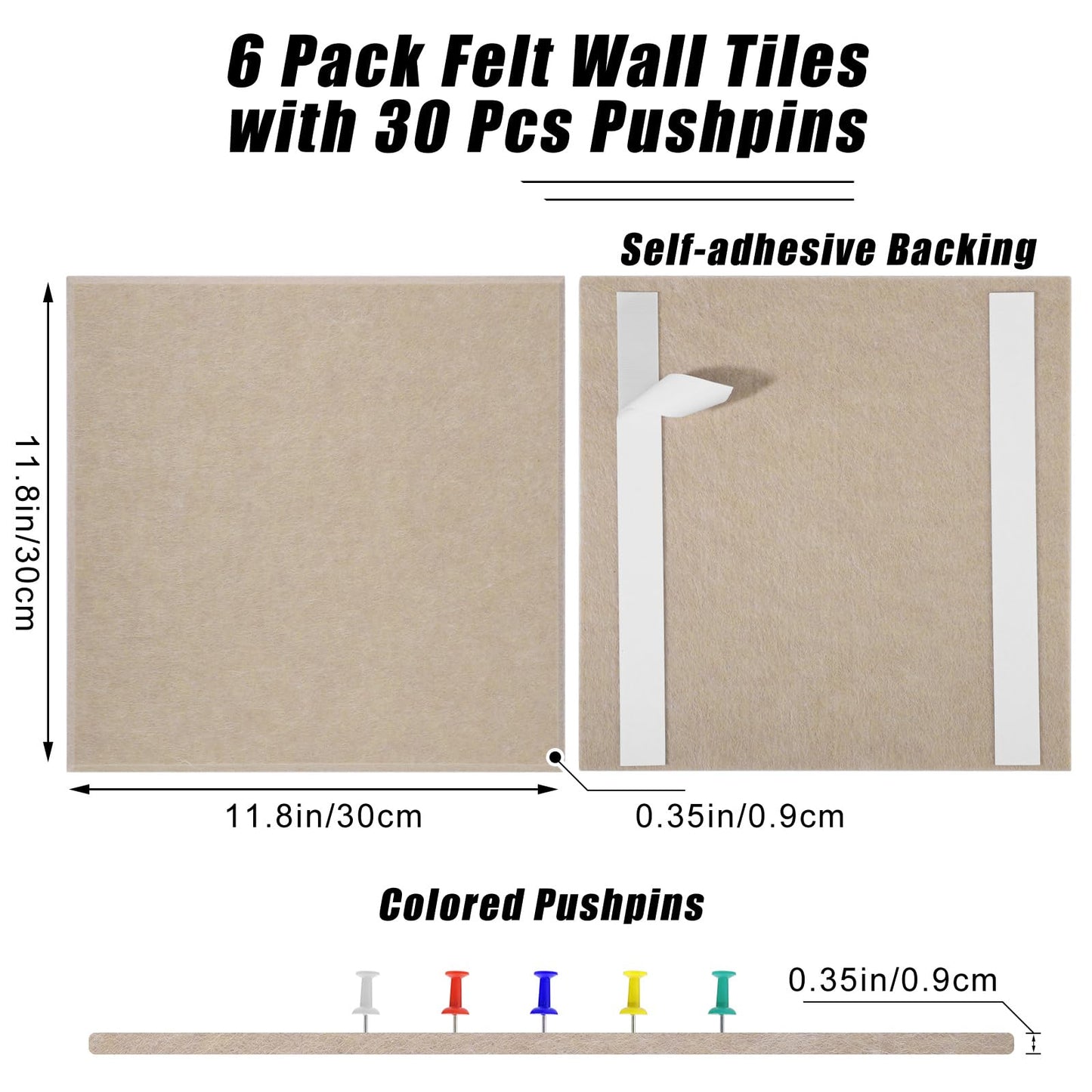 Large Cork Board 36" x 24", 6 Pack Felt Bulletin Board with 30 Pushpins, Cork Boards Alternative with Self-Adhesive Strips, Felt Wall Tiles Pin Boards for Walls Office Home School Decor-Tan