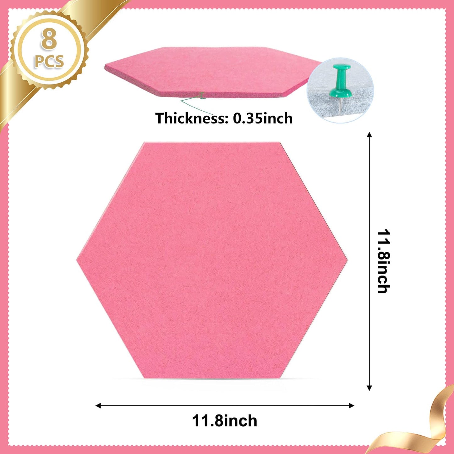 8 Packs Pink Hexagon Felt Pin Board, 12" Bulletin Board with 30 Push Pins, Felt Board for Home Kitchen Office Decor, Self-Adhesive Corkboard Tiles for Walls School Message Photos Memos