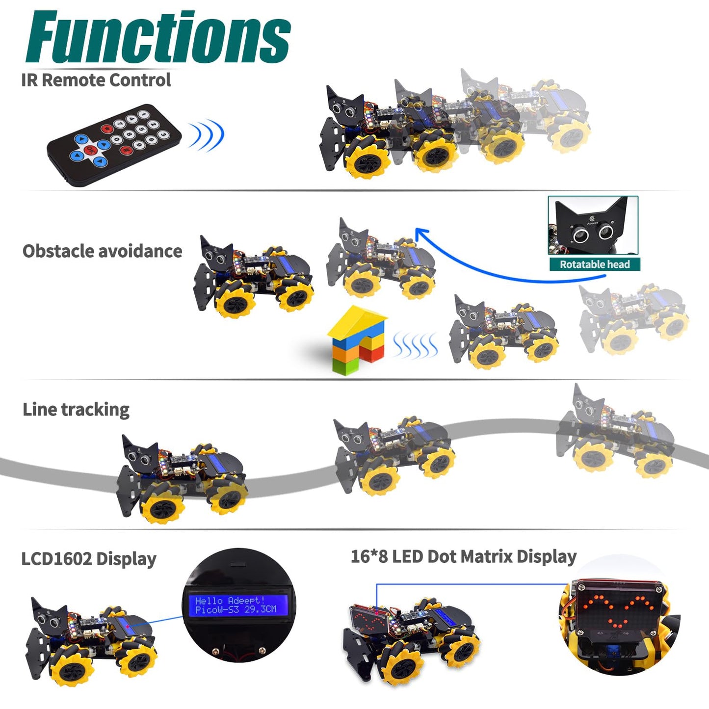 Adeept 4WD Robot Kit Omni-Directional Mecanum Wheels Car for ESP32-S3 Banana Pi PicoW-S3 DIY STEM Remote Educational Robotic with LCD1602 Display, Python Code PDF Tutorials