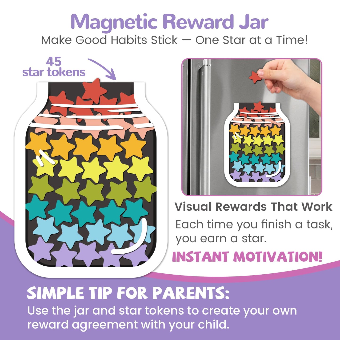 JJPRO Magnetic Reward Chart for Kids with Reward Jar- Behavior Reward Chart System, Toddlers Daily Routine,Visual Schedule Board,96 Reusable Stickers& 45 Star Tokens to Motivate Responsibility
