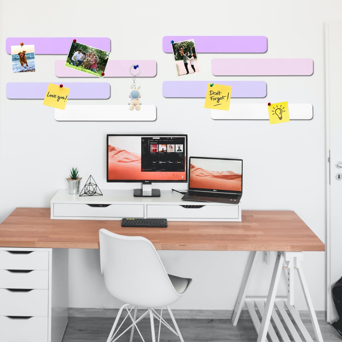 HULAVO 8Pcs Rectangle Felt Cork Board Bar Strips with 35 Pushpins, Self-Adhesive Bulletin Board Strips for Office School Home Wall Decor Stickers Memos Schedules Photos Display -Purple+Pink