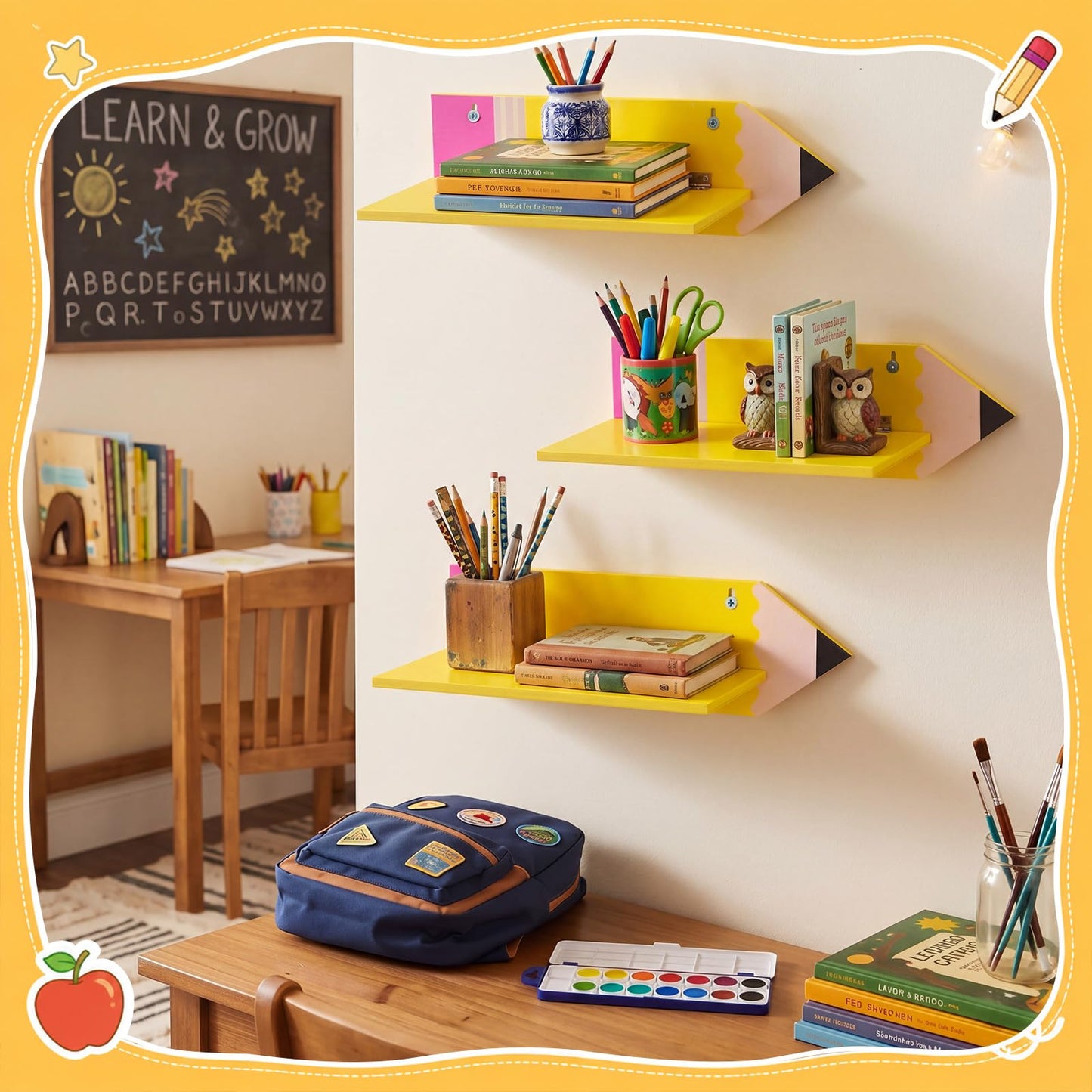 Fumete 3 Pcs Back to School Pencil Shaped Wall Shelves 9.8 x 4.7 x 3.5 Inches Wooden Pencil Theme Floating Shelf for Classroom Wall Bookshelf Organizer for Back to School Supplies Classroom Decor