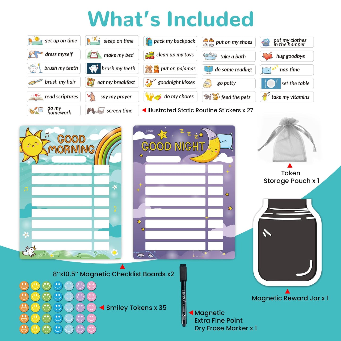 Magnetic Bedtime/Morning Routine Chart &Reward Jar for Kids -Toddler Morning Checklist Board,Daily Reward Routine Chart for Kids,Dry Erase Bedtime Reward Chart,Daily Schedule Chart at Home