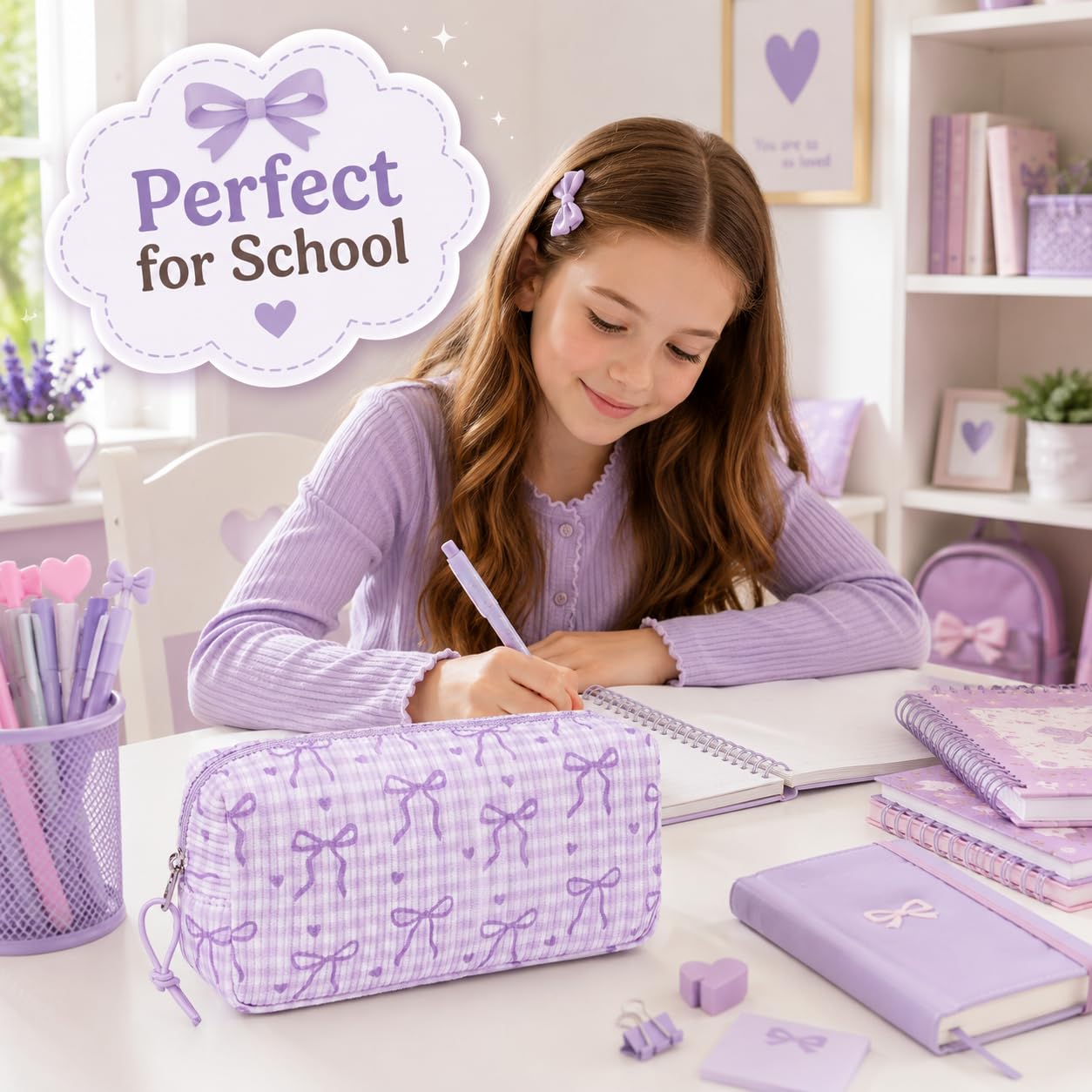 LEDAOU Cute Pencil Case for Kids Girls Boys Pencil Pouch kawaii Pen Pencil Box Bag Holder for School Students (Corduroy -Bow Purple)