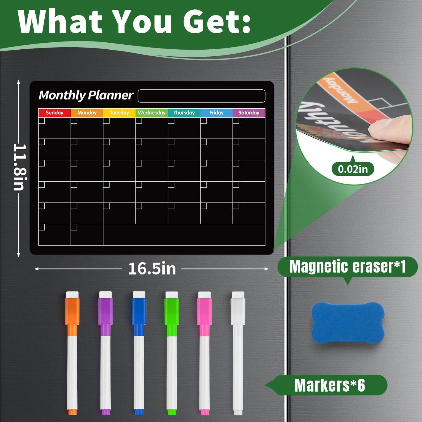 FINDMAG Magnetic Dry Erase Board, 16.5"x11.8" Magnetic Calendar for Planner 2026, Fridge White Board, Monthly Calendar for Fridge with 6 Markers & Eraser for Cleaning Schedule and Checklist