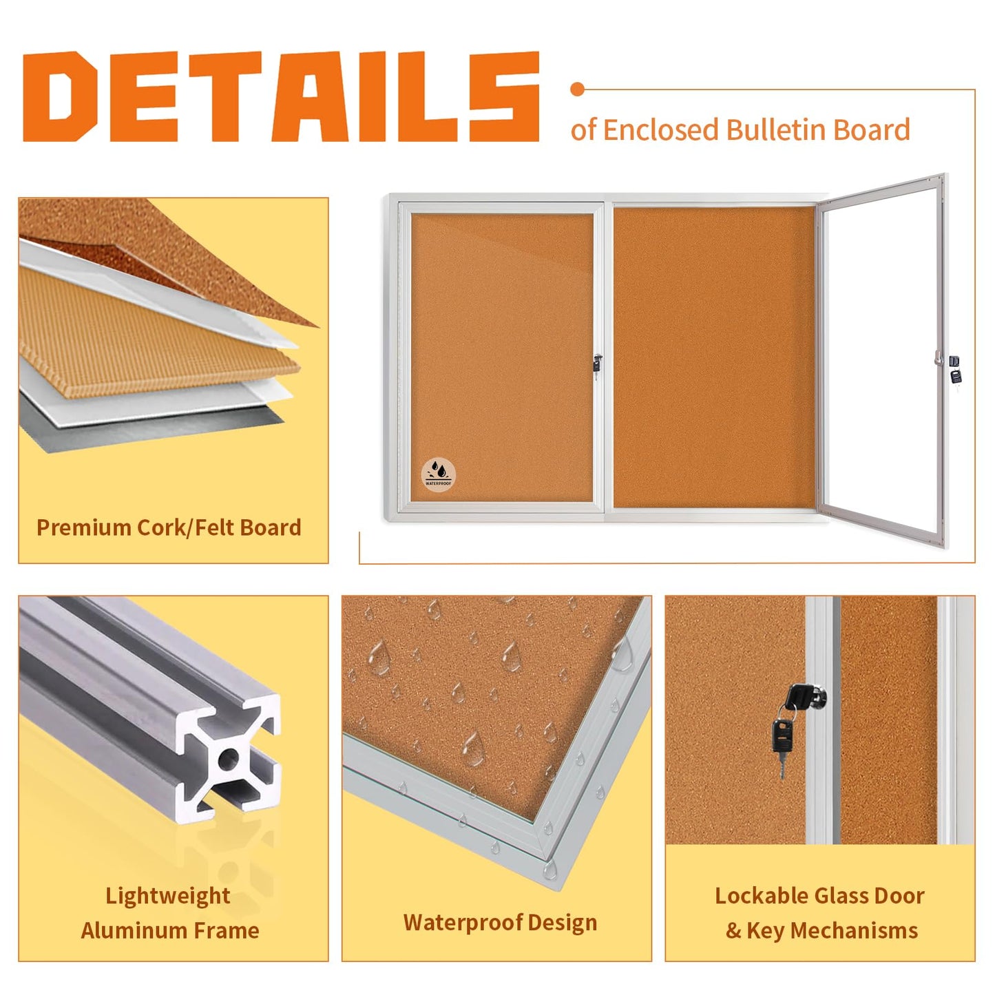 Lockable Outdoor Enclosed Bulletin Board, Weatherproof Cork Noticeboard with Locking Door, Wall-Mounted Aluminum Framed Display Case for Messages (Silver Frame & Cork, 44x32 in)