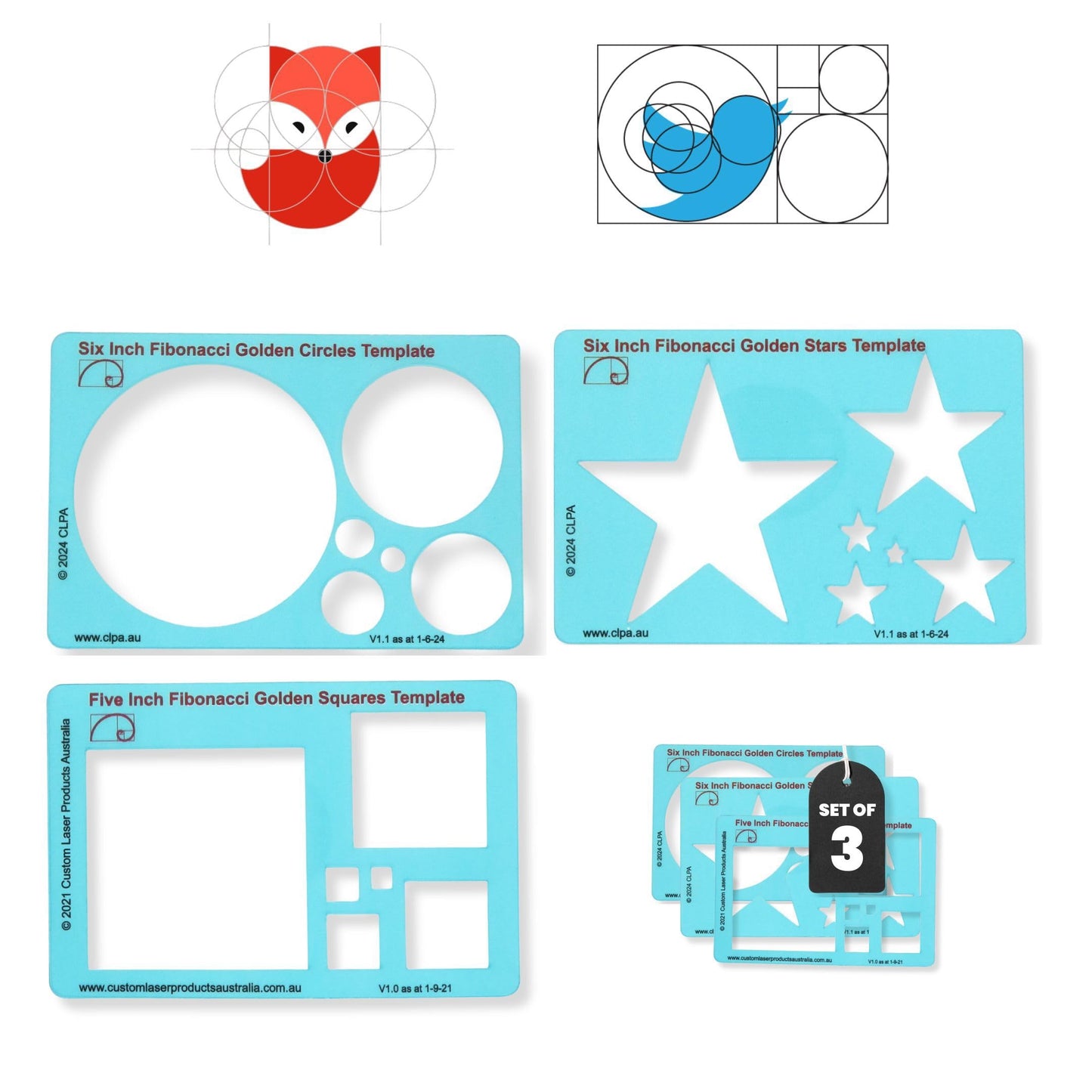 CLPA Fibonacci Full Template Set — 9 Pieces | 6" Circle, Triangle, Square, Star, Pentagon, Hexagon, Spiral, Oval | Complete Golden Ratio Drawing Tool Kit | Clear PETG | Made in Australia