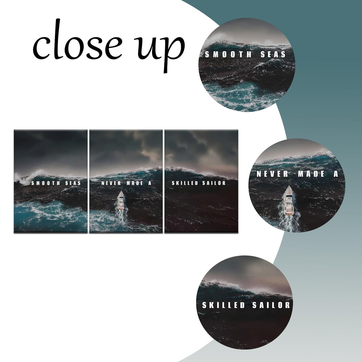 PSYYSP 3 Panel Canvas Prints Motivational Wall Art, Smooth Seas Never Made a Skilled Sailor Quote with Stormy Ocean Boat Scene for Living Room Office, Framed Canvas 60x28 Inch
