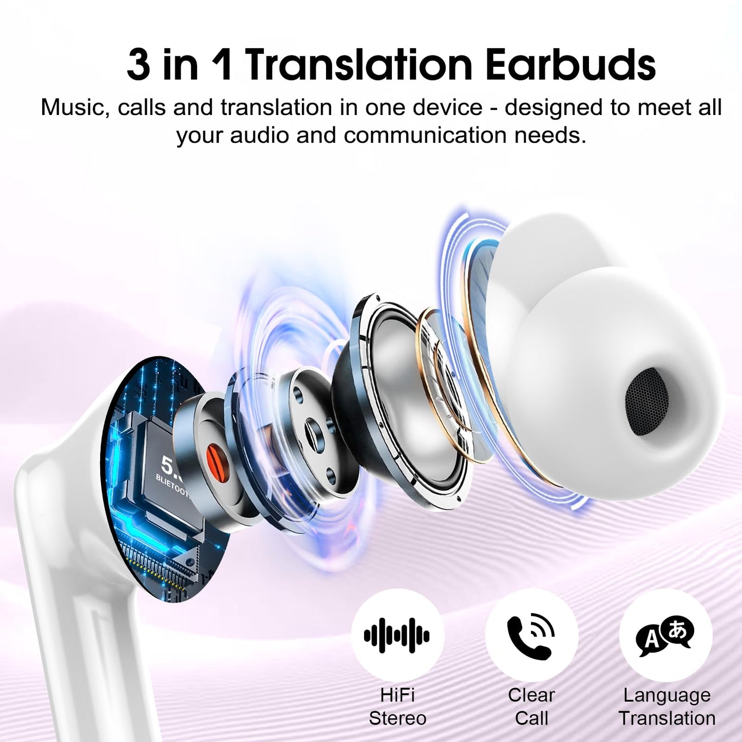 Csasan Ai Translation Earbuds Real Time, Translator Earbuds with 6 Translation Modes/164 Languages,No Subscription Required Translatior Headphones,48H Audifonos Traductores Inglés Español, Purple