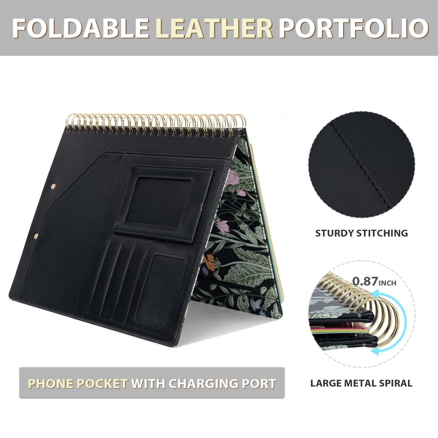 Ospelelf Clipboard with Storage for Women, Leather Padfolio Portfolio Organizer 5 Folders with 10 Pockets, Spiral Clipboard Folio with Notepad for Letter Size, Elastic Closure and Pen Loop Floral