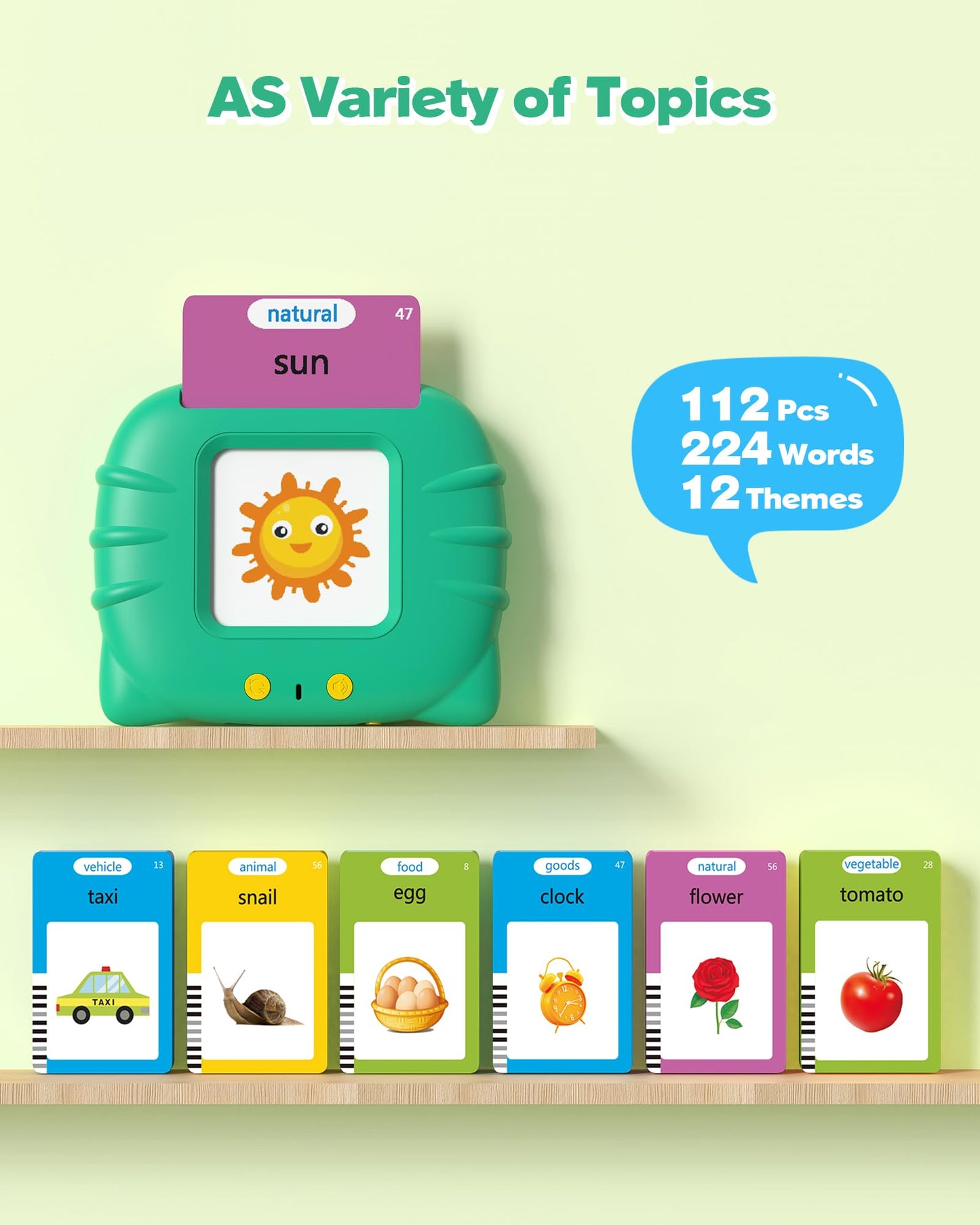 Talking Flash Cards for Toddlers 1 2 3 4 Year Olds, Montessori Language Learning with 224 Words, Pocket Speech Therapy Playthings, Children's Sensory Educational Device, Green