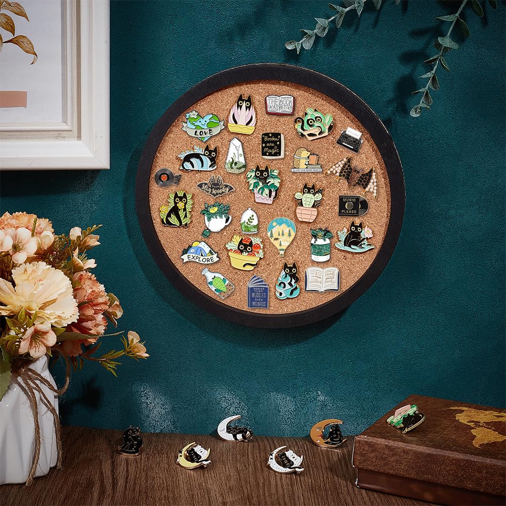 BENECREAT Flat Round Pin Board Cork Board, 7.87inch Bulletin Board Wall Mounted Display Board with Black Frame for Brooch Pin Storage Display, Office Home School Decor