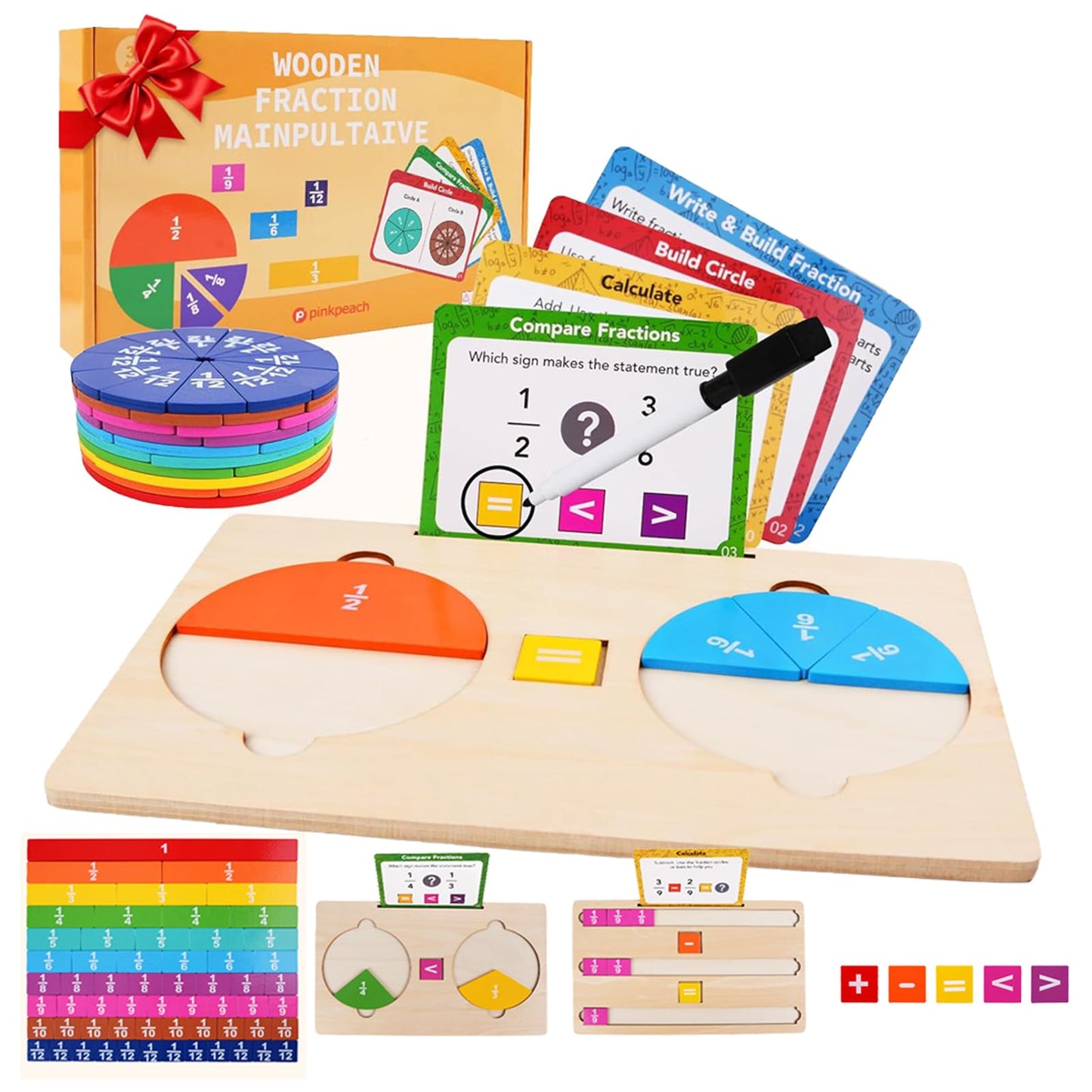 Fraction Manipulatives for Kids, Wooden Fraction Tiles, Fraction Circles & Fraction Bars, Montessori Math Manipulatives with 36 Activity Cards, Compare Fractions, Addition & Subtraction, Grade 1-4