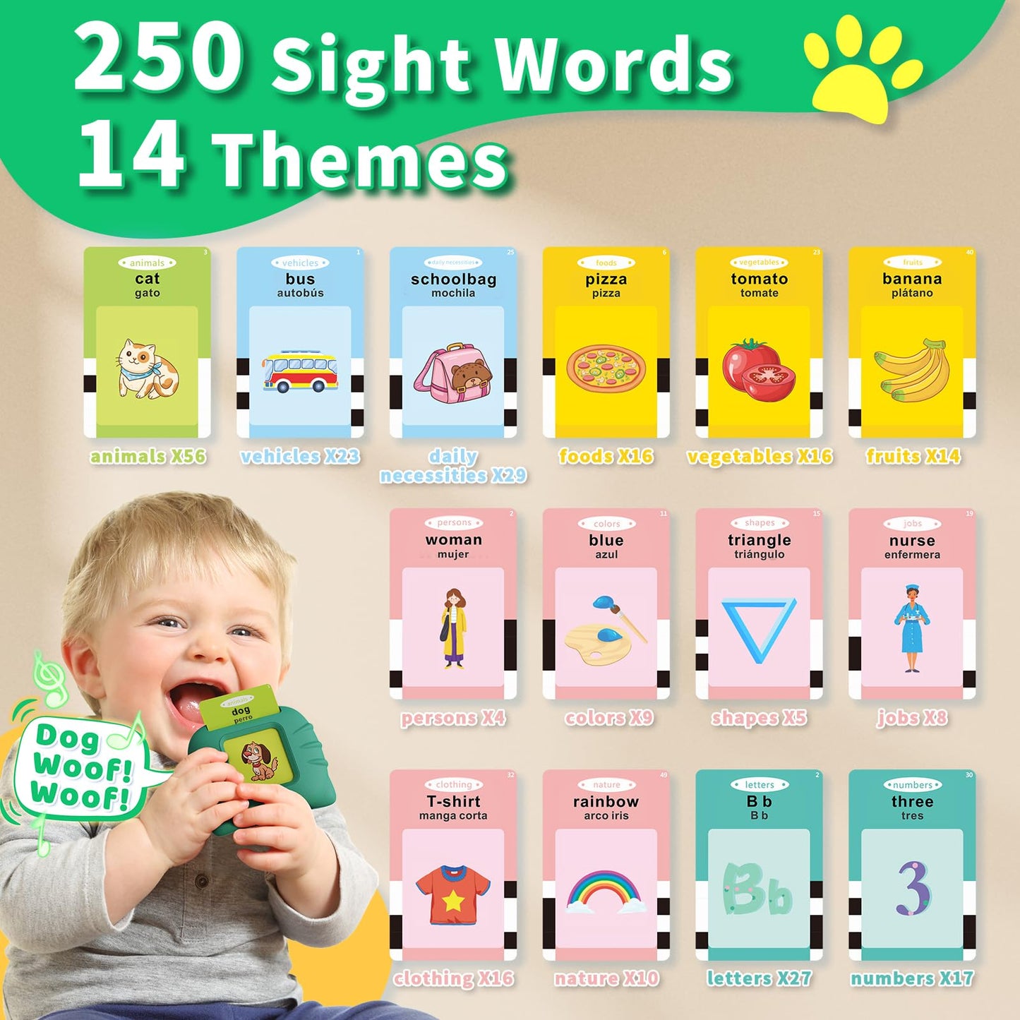 Aullsaty Toddler Toys Bilingual English and Spanish Talking Flash Cards for 1 2 3 4 5 6 Year Old Boys and Girls, Autism Sensory Toys for Autistic Children, Learning Educational Speech 250 Sight Words