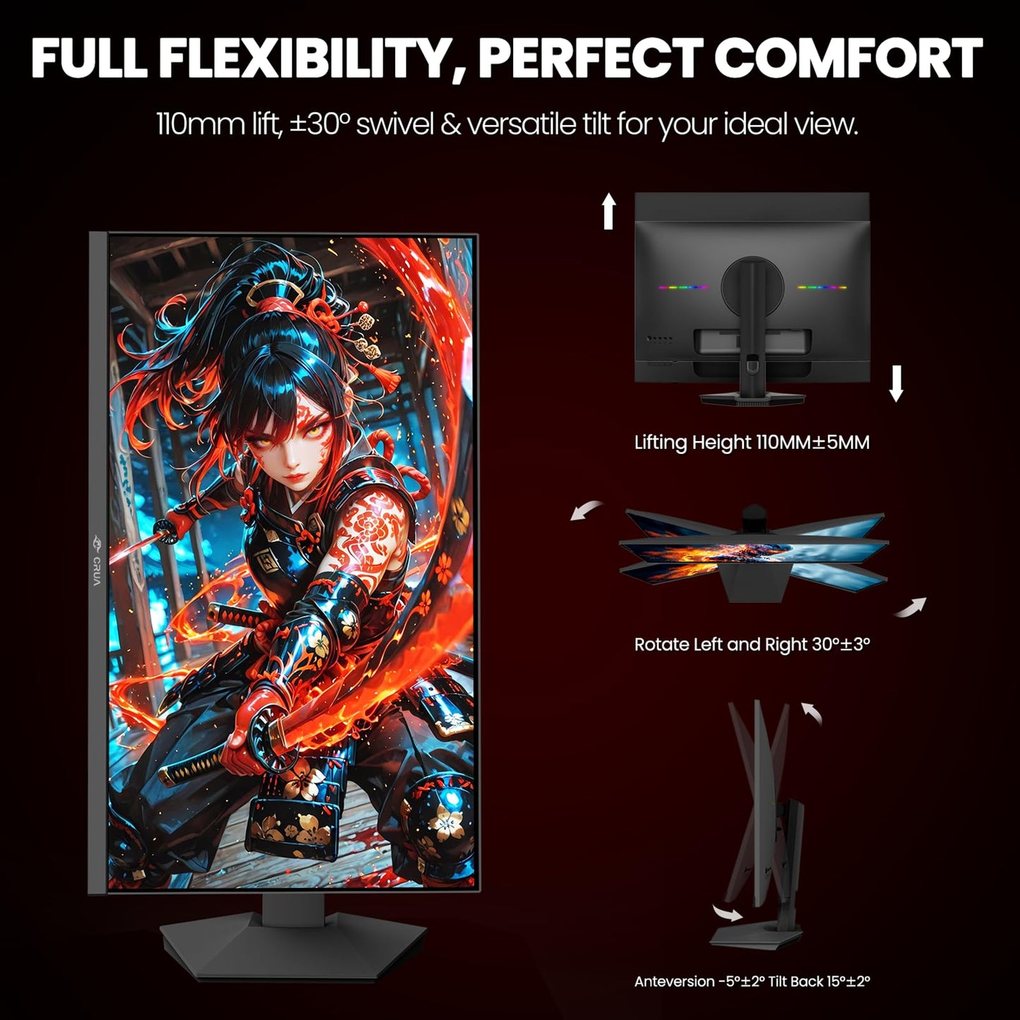 CRUA 27” 4K Gaming Monitor, UHD 3840x2160 160Hz IPS Screen, Height/Pivot/Swivel/Tilt Adjustable Vertical Monitor, Support AMD FreeSync, Built-in Speakers, 120% sRGB, PIP/PBP, HDMI 2.1 & DP 1.4-Black