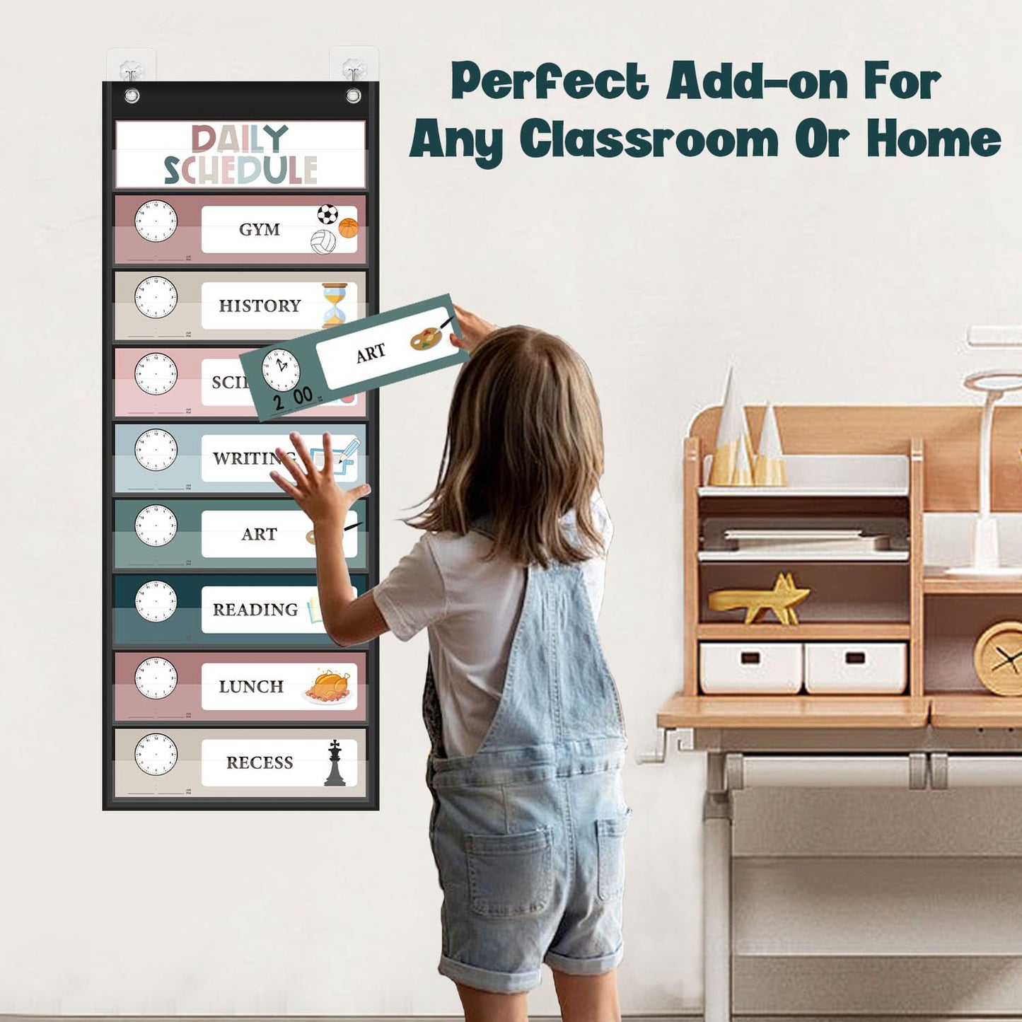 Monthly Calendar Pocket Chart for Classroom, Printed Days of The Week with Cards, Learning for Home or Kindergarten, Teacher Must Have Supplies That Fits Any School Décor (Black Calendar+Daily Schedule)