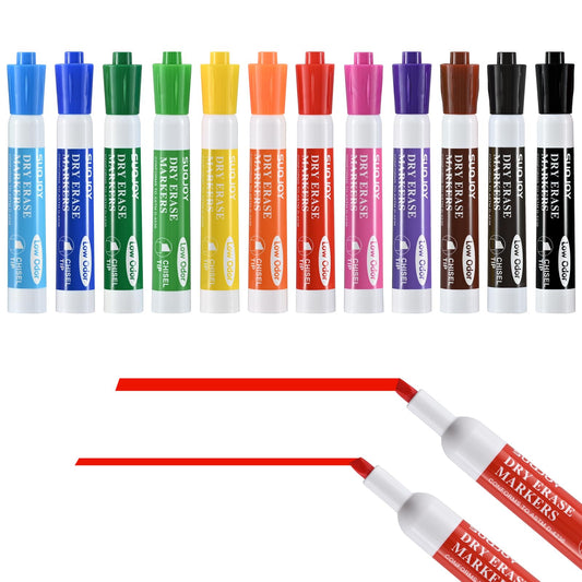 SUQJOY Dry Erase Markers, Chisel Tip Whiteboard Markers, Low Odor Thick Dry Marker, 12 Pack 12 Assorted Color Markers for Classroom, Office & Home Use