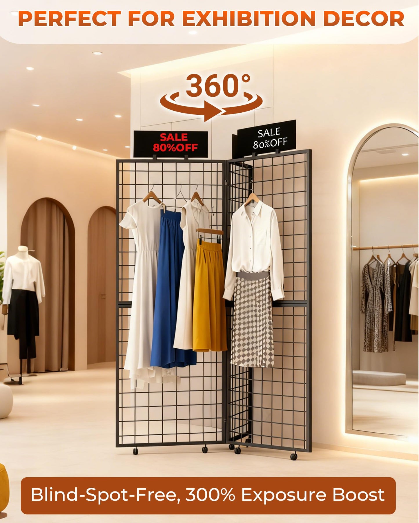 DEMEGA 360° Foldable Grid Wall Panel, Three 6' x 4.25' Ft Double Side Gridwall Display Stand with Notice board, Heavy Duty Sturdy Floorstanding Wire Grid Rack, Movable Wheel for Retail Art Craft Fairs