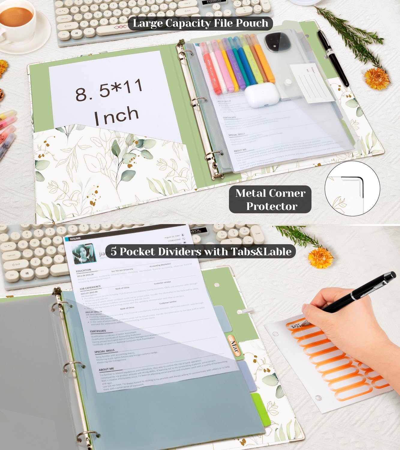 3 Ring 1 Inch Binder Organizer, KLLVE Three Ring Binders with Clipboard, 5 Pocket Divider with tabs, Folder, 18 Divider Stikers, Pen Loop (Leaves, Letter Size)