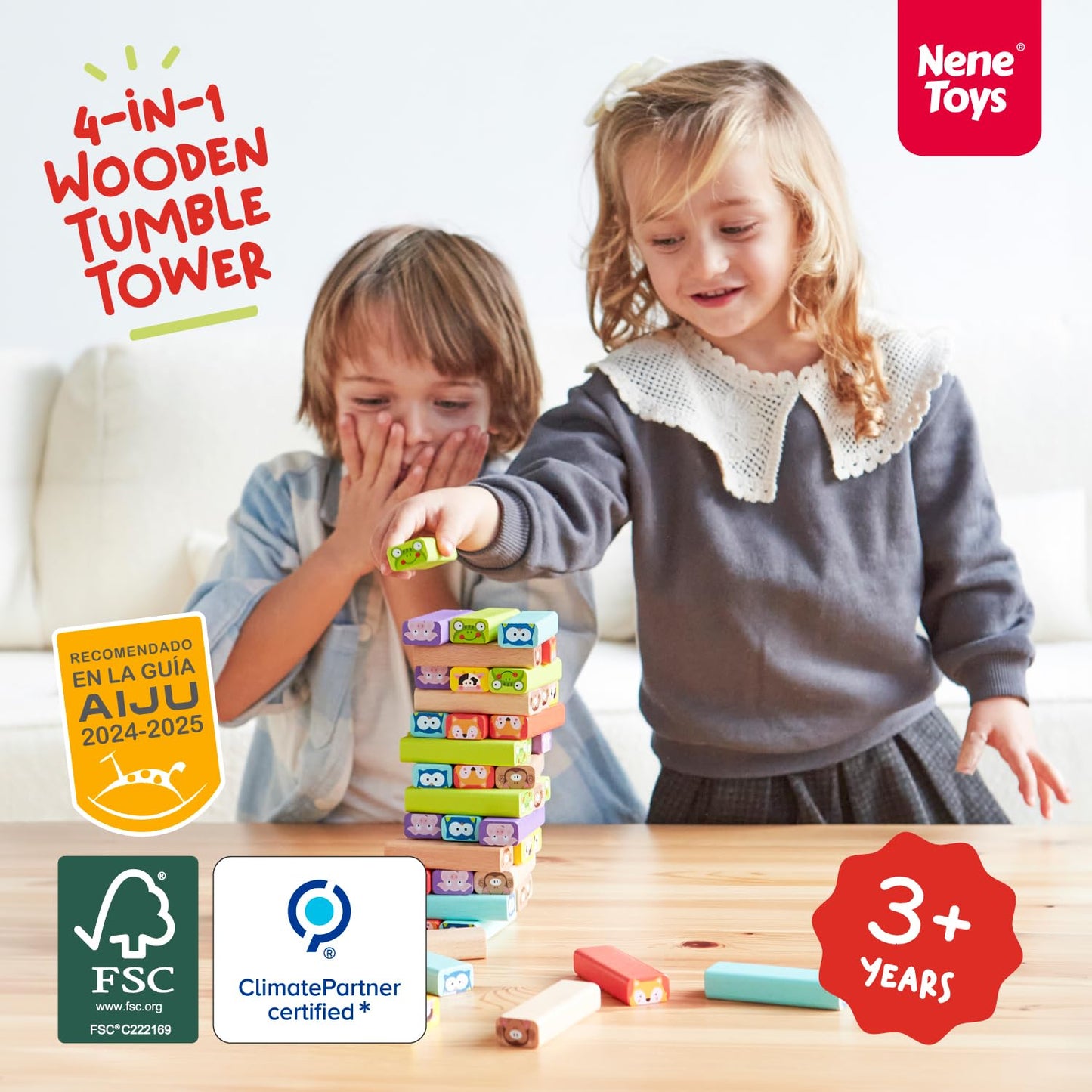 Nene Toys Wooden Tumble Tower Game with Animals & Colors, 4-in-1 Educational Family Board Game for Kids Ages 3-9, Creativity & Cognitive Skills Booster - Gift for Boys Girls 3+ Years
