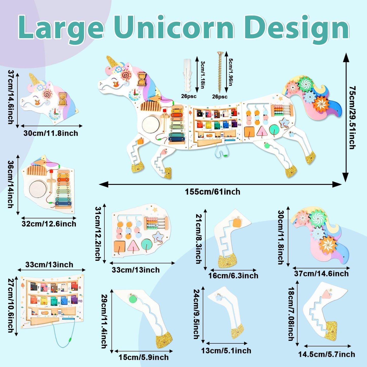5FT Large Unicorn Activity Wall Busy Board Panels Wooden Learning Activity Center Montessori Sensory Wall Panel for Kids Interactive Educational Toy for Playroom Daycare Nursery Classroom Decor Gift