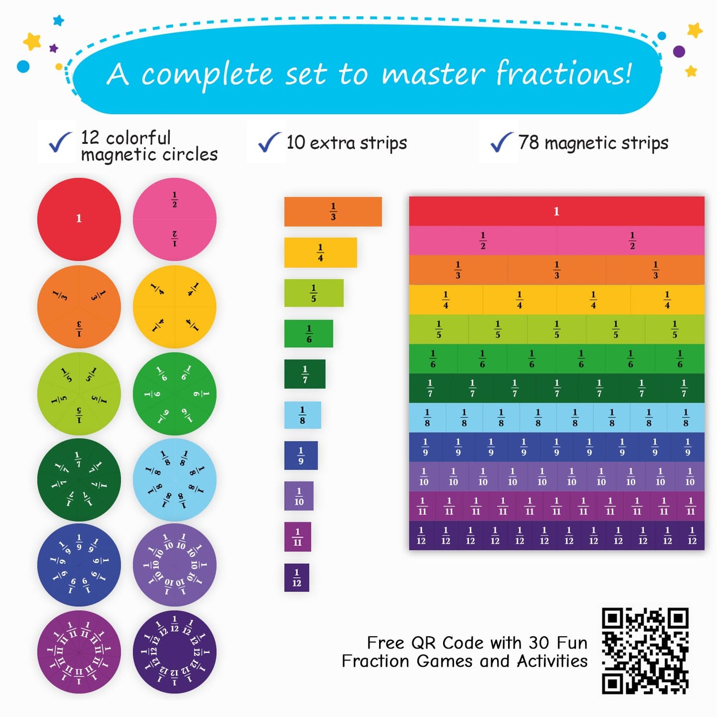 166 PCS Magnetic Fraction Tiles & Fraction Circles - Elementary Fraction Manipulatives Class Set - Magnetic Fraction Bars & Strips Fraction Kit, Fraction Magnets, Math Manipulatives - Simply Magic