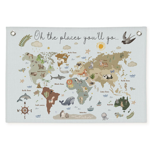 Wheatwin World Map Wall Art Banner for Kids 20x30, World Maps for Wall, World Map Cute Animal Educational Tapestry Wall Hanging Canvas Wall Decor Banner Flag Decor for Kids Room Playroom Classroom - Blue