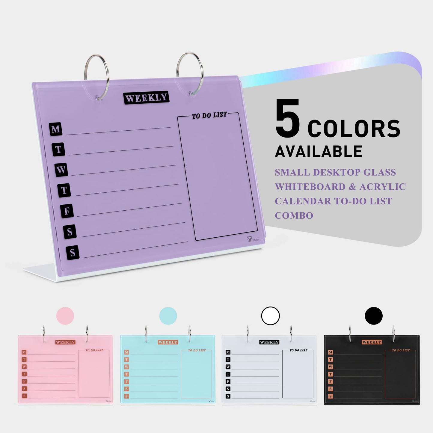 Desktop Glass Dry Erase & Acrylic Aesthetic Desk Calendar Weekly To-do List Combo, Small Magnetic Standing Whiteboard, Desk Flip Easel Calendar with Accessories for Home Office Supply, Purple, 9 x 7''