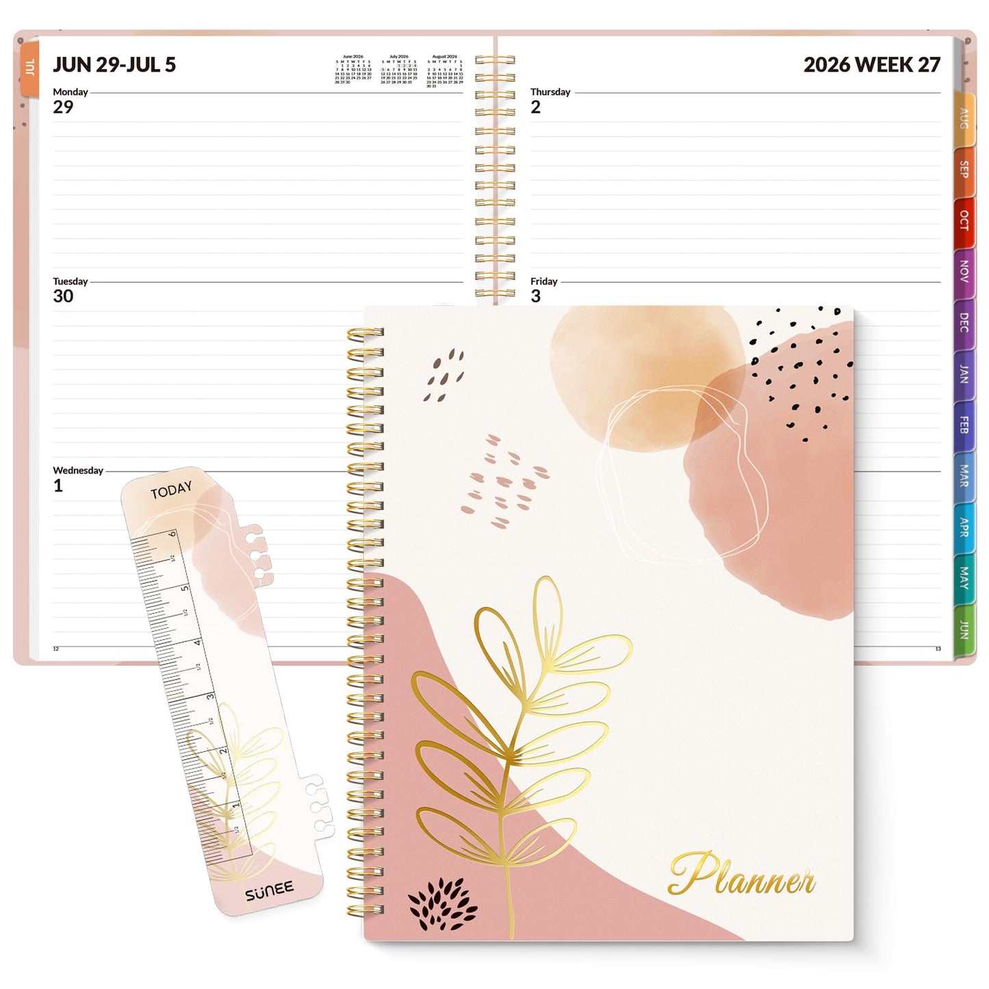 SUNEE Academic Planner 2026-2027 – Weekly & Monthly Planner, July 2026 to June 2027, 8.5"x11", Thick Paper, Tabs, Pockets, Bookmark, Spiral-Bound, Student Teacher Organizer, Blushing Abstract Breeze