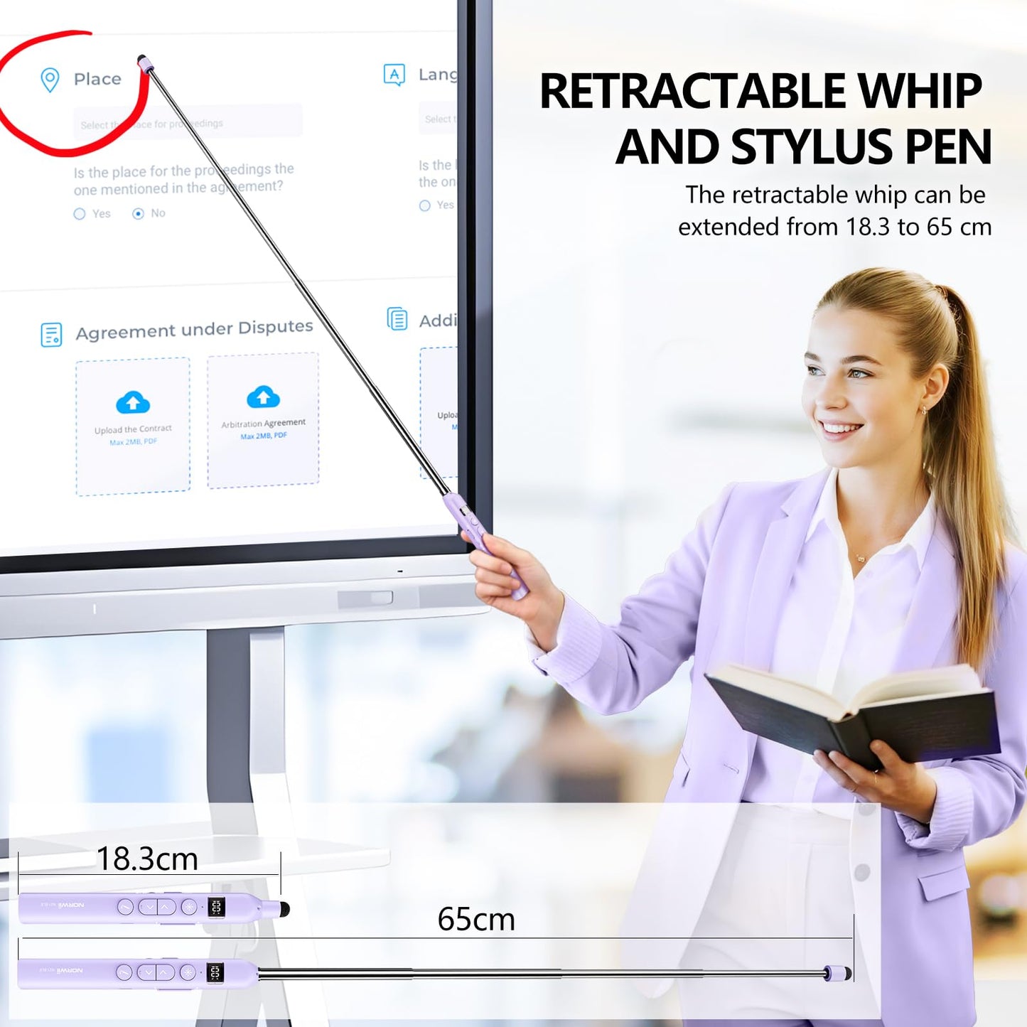 Norwii N21 Bluetooth Presentation Clicker with Telescopic Teaching Pointer, Presentation Remote with Retractable Stick for PowerPiont, Wireless Presenter, Slide Advancer - Purple