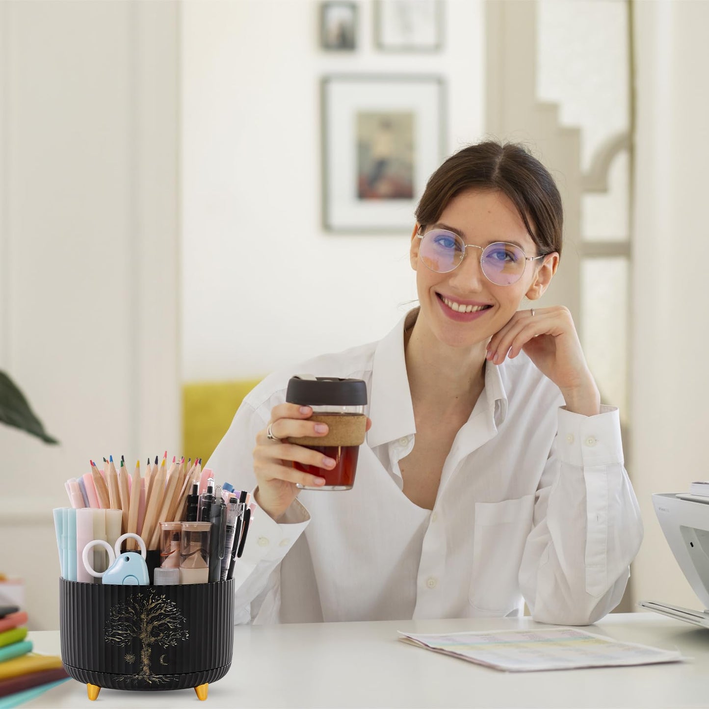 SKYDUE 360 Degree Rotating Desk Organizer, Dual-Purpose Pencil Pen Holder for Desktop, Desk Pen Organizer with 5 Slots, Office Supplies, Pencil Cup for Office, School, Home