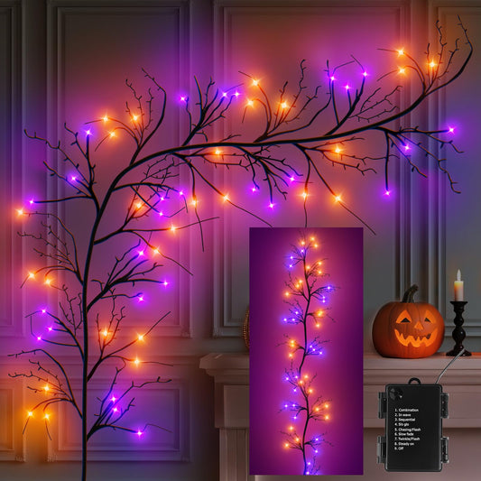 CL FUN Halloween Willow Vine Twig Lights - 6ft Battery Operated Waterproof String Light, 54 LED, Orange & Purple