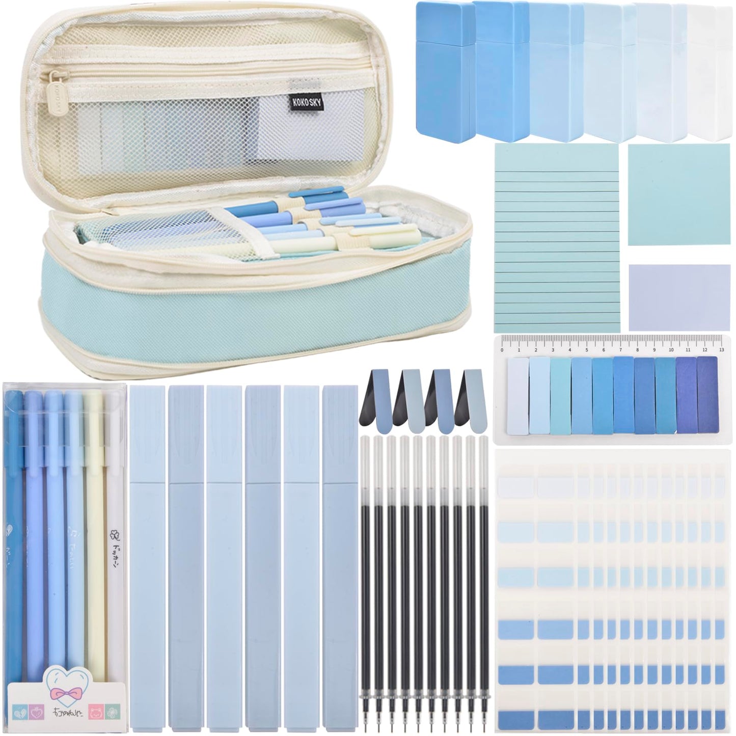 ChezAbbey 47Pcs Aesthetic School Supplies with Pencil Pouch - Cute College Essentials Set, Big Capacity Pen Case, Pastel Highlighters, Bible Study Journaling Stationary Kit (Blue)