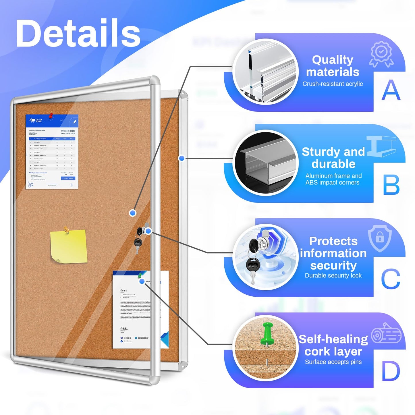 Magula 36"x24" Enclosed Bulletin Board Tamper-Proof Dispaly Case, Aluminium Frame, Shatter Resistant Lockable Bulletin Board, Enclosed Cork Board for School, Office, Commercial, Hospital etc