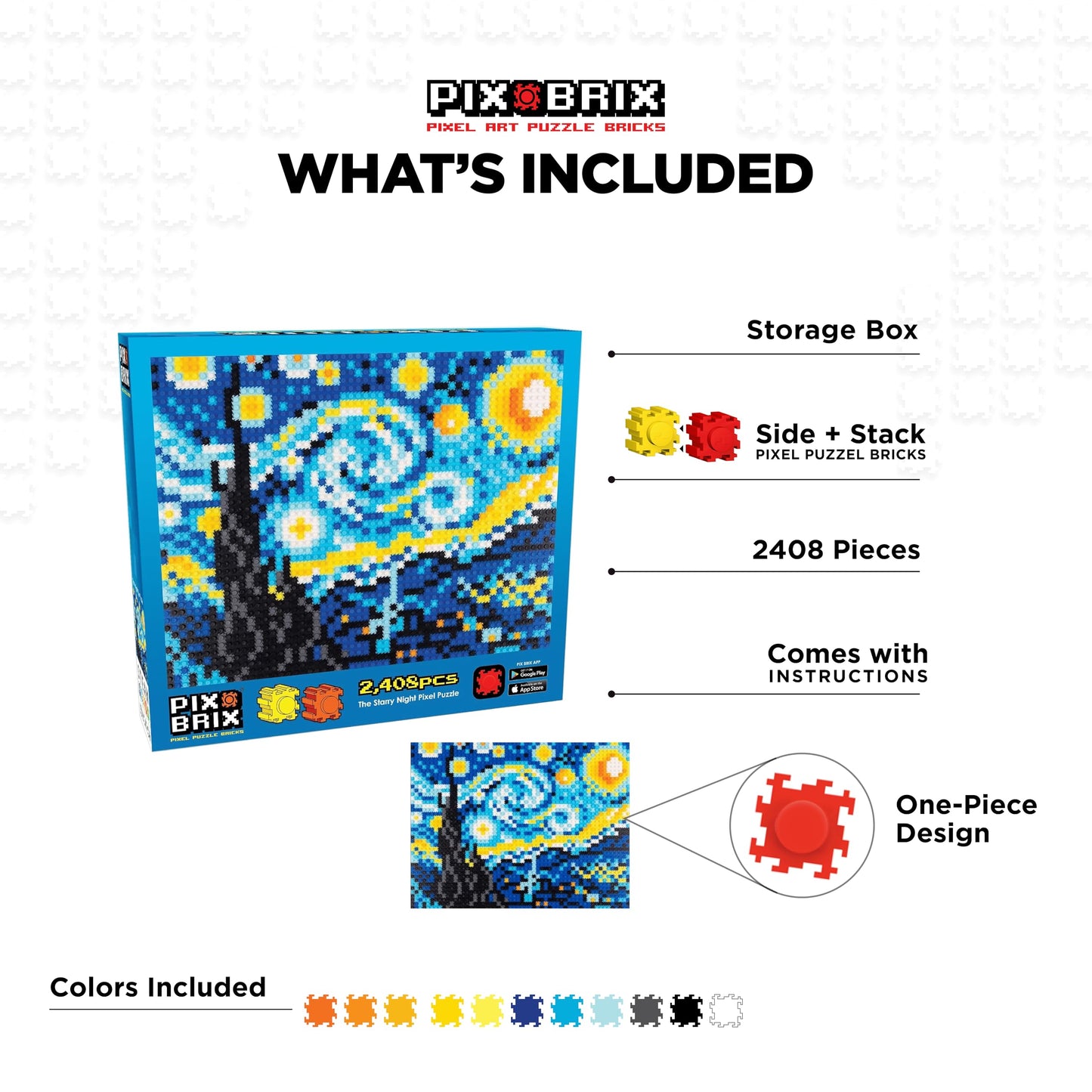 Pix Brix Pixel Art Puzzle Bricks - Starry Night Pixel Puzzle - Patented Colorful Building Bricks, Create 2D and 3D Builds Without Water, Iron or Glue - Stem Toys for Adults and Kids