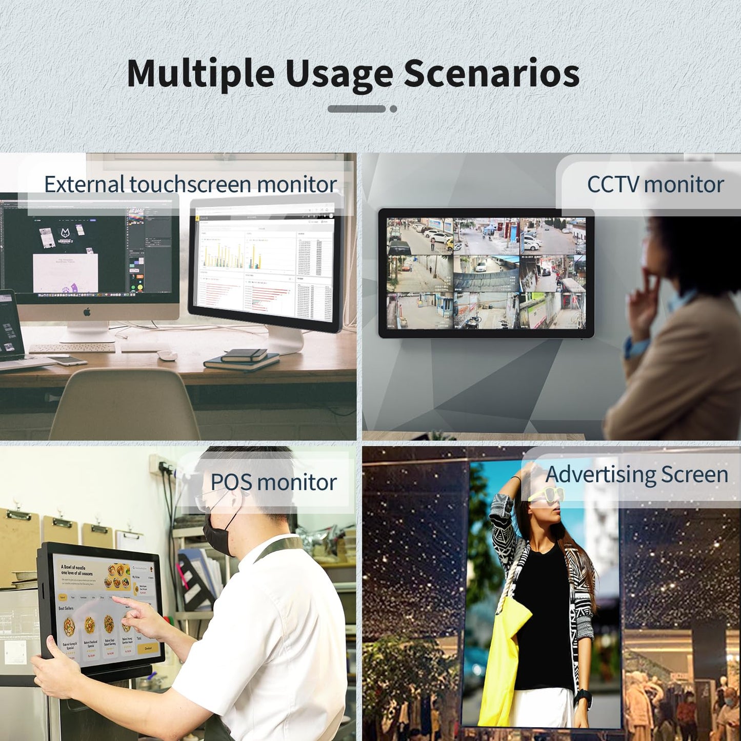 TouchWo 18.5 inch Capacitive Multi-Touch Screen Industrial Monitor, 16:9 Display 1920 x 1080P, Built-in Speakers, VGA, DVI & HD-MI Monitor for PC, POS, Small Business, Restaurant