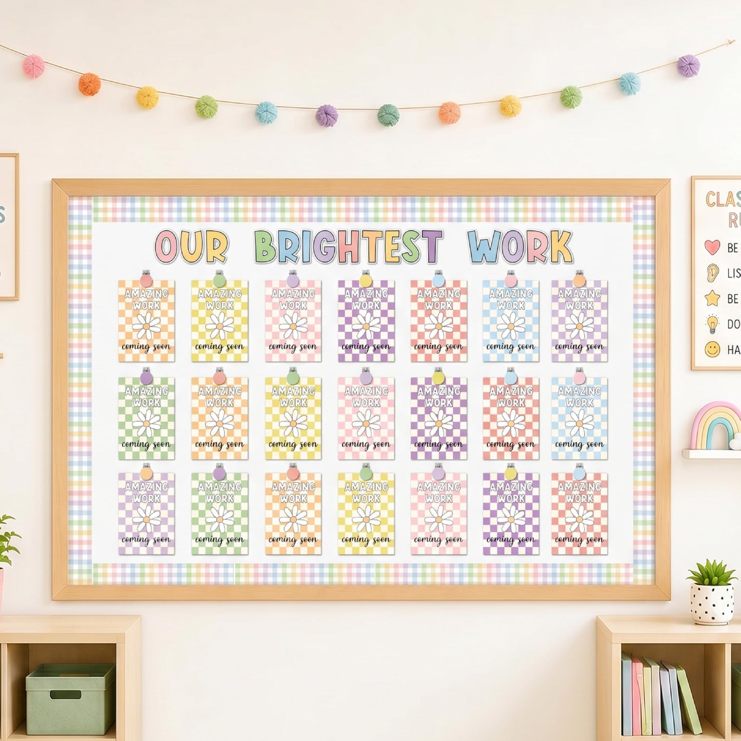 Bigerto 160 Pcs Pastel Student Work Display Bulletin Board Decoration Our Brightest Work Wow Works Cutouts with Clips Names Display Classroom Decor for Teachers Motivational Back to School Supplies