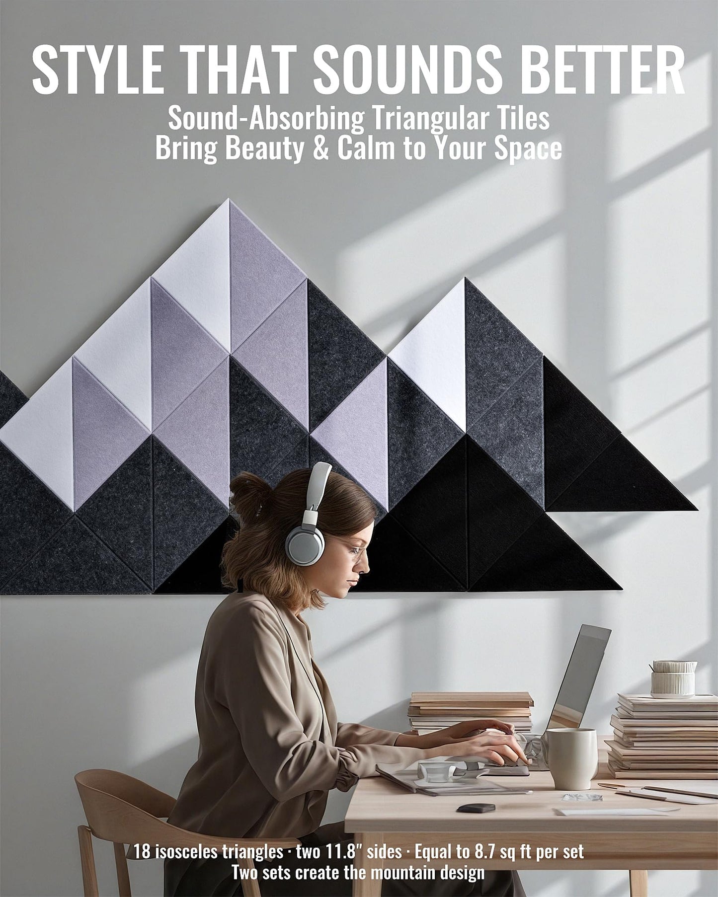 PebblingQ Felt Wall Tiles Bulletin Board, Modular Decorative Panels for Home Office, Kids Room, Classroom, DIY Geometric Design, Creative Photo Display Board, 18 Pack 11.8" Triangle Tiles(Ether)
