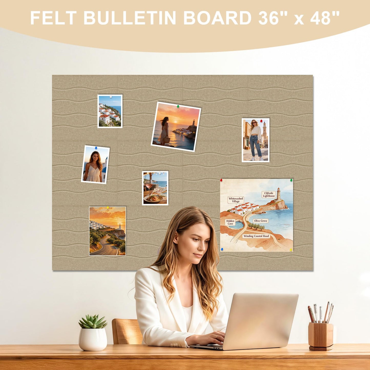 AKONEGE Felt Bulletin Board Tiles 12 Pack, 48" x 36" Cork Board Alternative, DIY Pin Board Wall Tiles for Photo Wall, Vision Board, Room & Home Office Decor, Stick-On with Adhesive Tabs, Deep Camel