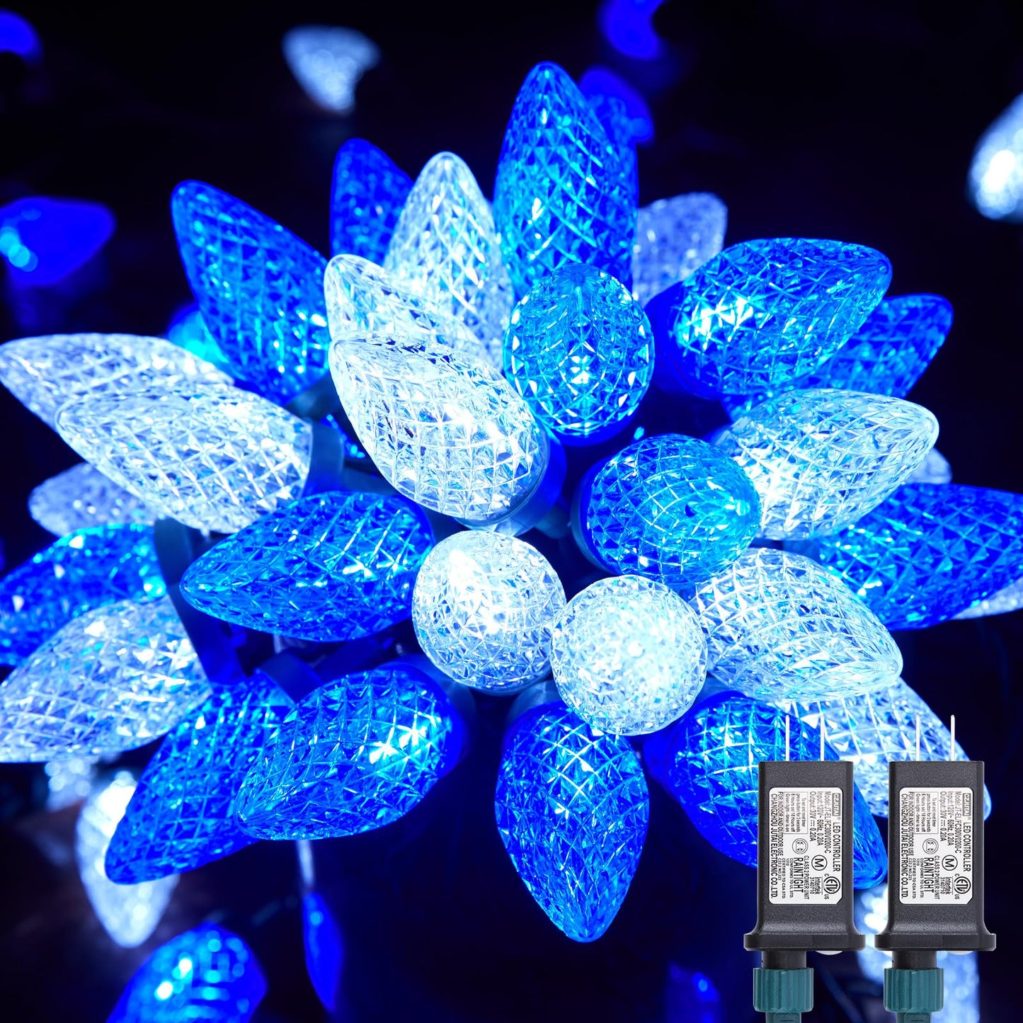 Minetom C9 LED String Lights, 100 LED, 81 Feet, Waterproof, 8 Modes, 2 Pack, Blue & Pure White