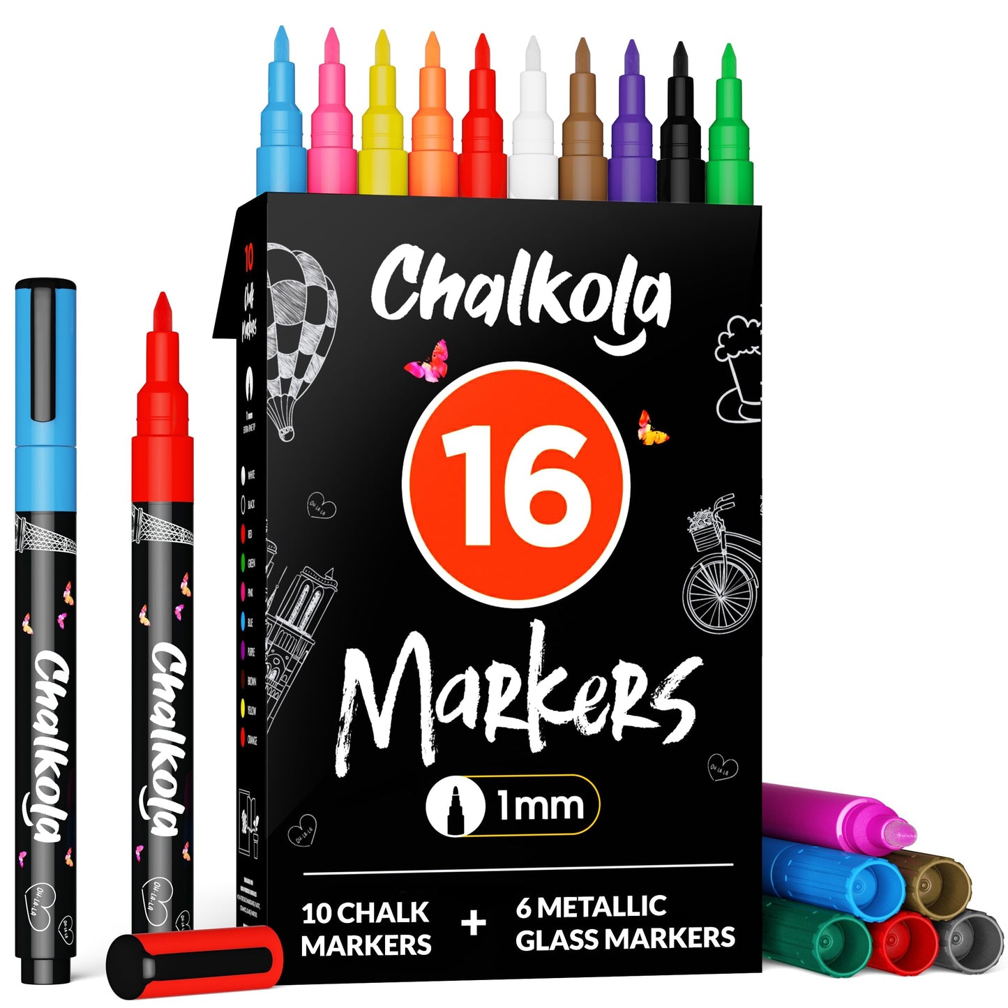 Chalkola Extra Fine Tip Chalk Markers for Blackboard & Glass (Pack of 16, 1mm Point) | Window Marker, Liquid Chalk Pens for Acrylic Dry Erase Board, Mirror, Car | Thin Chalkboard Markers Erasable