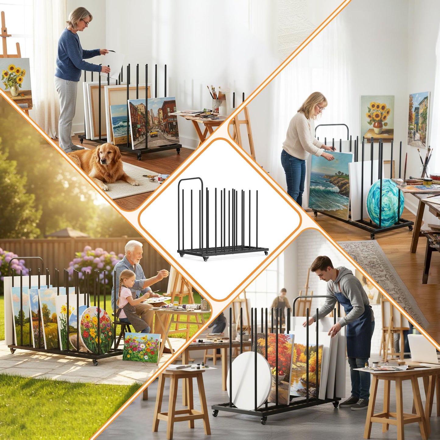 BERPET Heavy-Duty Art Storage Rack with Wheels, Large Metal Organizer for Canvas, Panels, and Artwork – Mobile Rolling Art Drying & Display Stand for Studio, Classroom, and Gallery