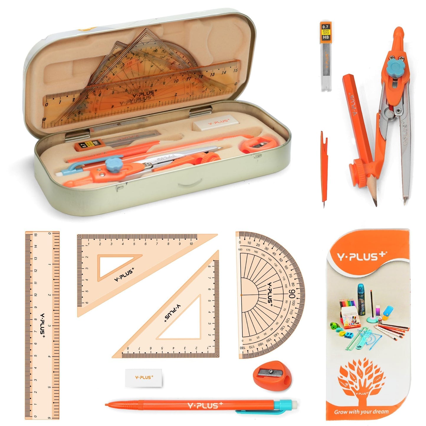 YPLUS Geometry Set for Students, Compass Drawing Tool with Metal Case, Math Protractor with Protractor, Rulers, Metal Compass, Mechanical Pencil - 12 Pcs, Back to School Supplies for Students